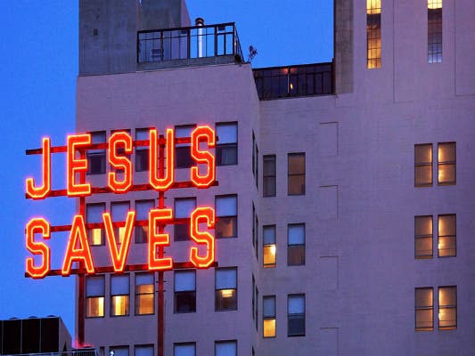 “Jesus Saves” neon sign at the Ace Hotel | Photo courtesy of Eric Lassiter, Discover Los Angeles Flickr pool